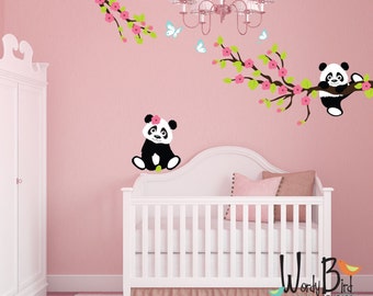 Panda wall decals with Cherry Blossom Branches and Butterflies, reusable kids wall decals, nursery decals - WB740