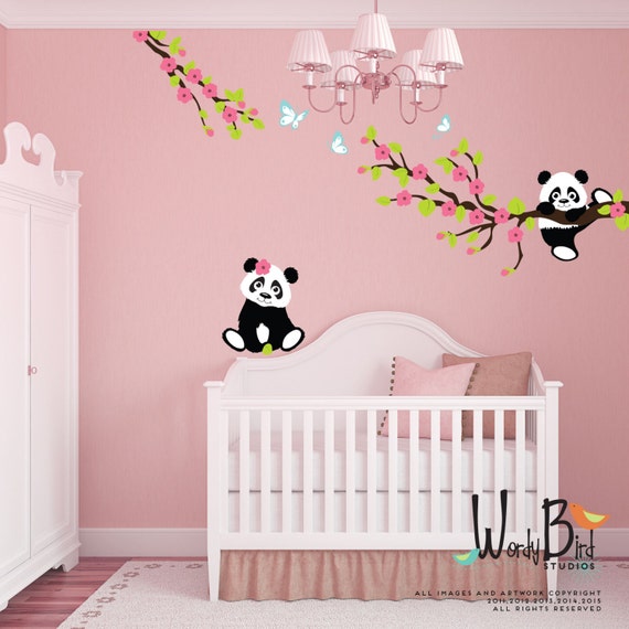 Panda Wall Decals With Cherry Blossom Branches And - Cherry Panda Wall Decal Panda Wall Decals With Cherry Blossom Branches And - Cherry Panda Wall Decal