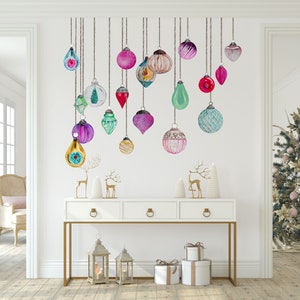 Vintage Christmas Ornaments Wall Decals made from reusable Peel & Stick Fabric Wall Decal Material, Watercolor Style Christmas Decor - WB109