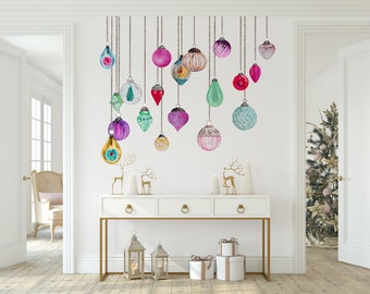 Vintage Christmas Ornaments Wall Decals made from reusable Peel & Stick Fabric Wall Decal Material, Watercolor Style Christmas Decor - WB109