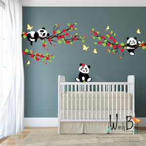 Panda Wall Decals, Tree wall decals with Cherry Blossom Branches and Butterflies, reusable kids wall decals, nursery decals WB552 image 1