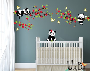 Panda Wall Decals, Tree wall decals with Cherry Blossom Branches and Butterflies, reusable kids wall decals, nursery decals - WB552