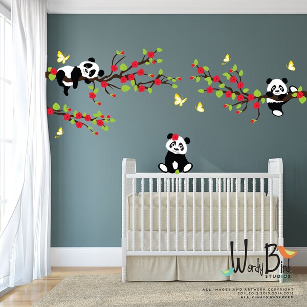 Panda Wall Decals, Tree wall decals with Cherry Blossom Branches and Butterflies, reusable kids wall decals, nursery decals - WB552