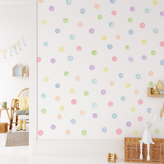 Pastel Rainbow Polka Dot Wall Decal set of 84, Nursery Wall Decals, 2 inch Watercolor Dots, peel & stick rental friendly - WBDOTW