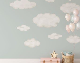 Cloud Wall Decals, Set of 9 Fluffy Clouds, Watercolor Wall Stickers for Nursery Classroom or Playroom, Great for boho bedroom decor - WB083