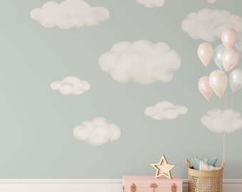 Cloud Wall Decals, Set of 9 Fluffy Clouds, Watercolor Wall Stickers for Nursery Classroom or Playroom, Great for boho bedroom decor - WB083