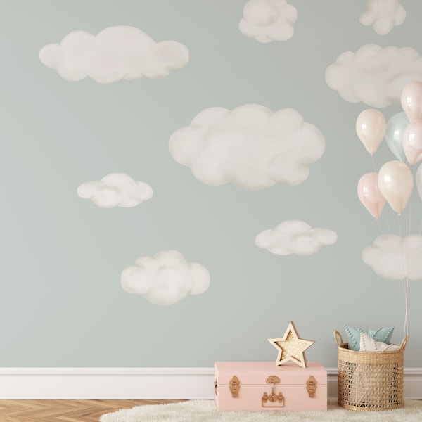 Cloud Wall Decals, Set of 9 Fluffy Clouds, Watercolor Wall Stickers for Nursery Classroom or Playroom, Great for boho bedroom decor - WB083