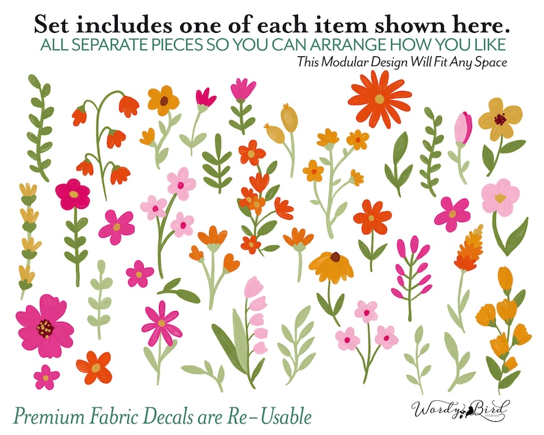 Wildflower Wall Decals, Nursery Decor, Watercolor Floral Wall Art, Daisy Wall Decal, Reusable and Removable Flower Wall Stickers WB077 image 2