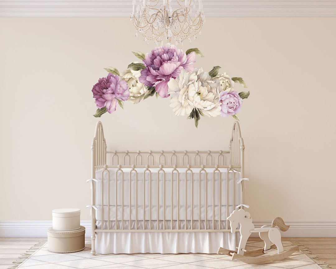 Set of 6 Purple & White Peony Flower Wall Decals Room Accent, Removable ...