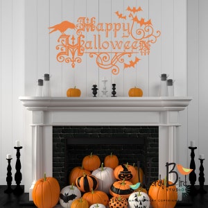 Happy Halloween wall decal with bats and raven in orange or black Halloween Decor WB705 image 2