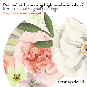 May include: A close-up of a watercolor painting of a bouquet of pink, white, and green flowers. The flowers are arranged in a circle and the background is white. The text "close up detail" is printed at the bottom of the image.