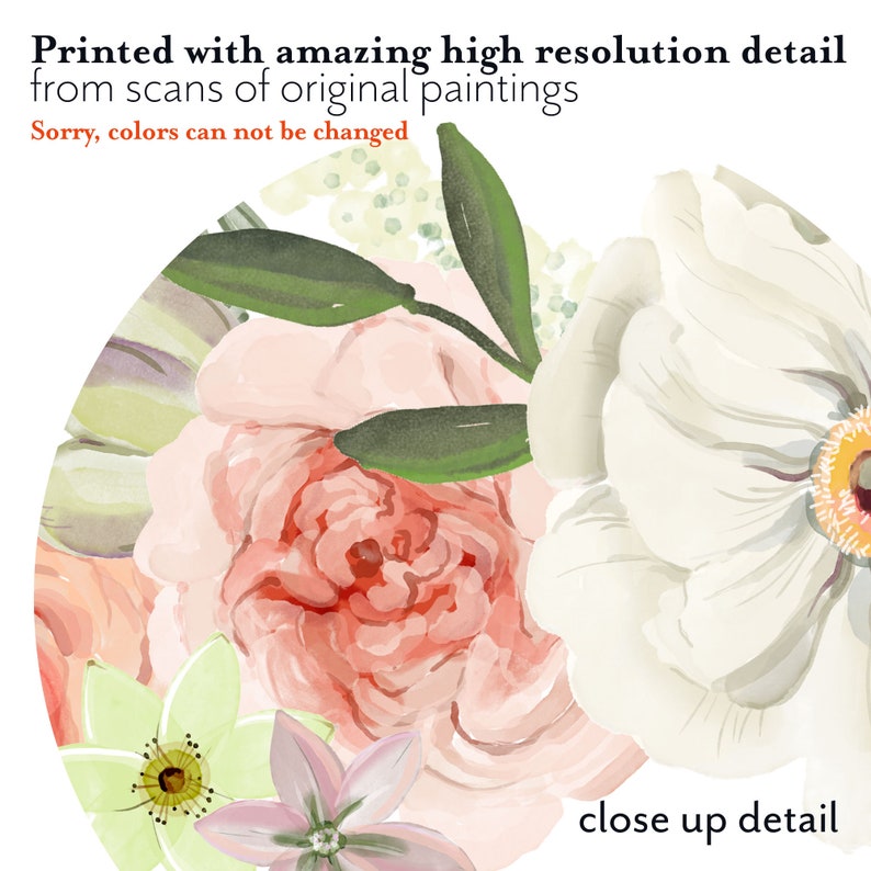 May include: A close-up of a watercolor painting of a bouquet of pink, white, and green flowers. The flowers are arranged in a circle and the background is white. The text "close up detail" is printed at the bottom of the image.