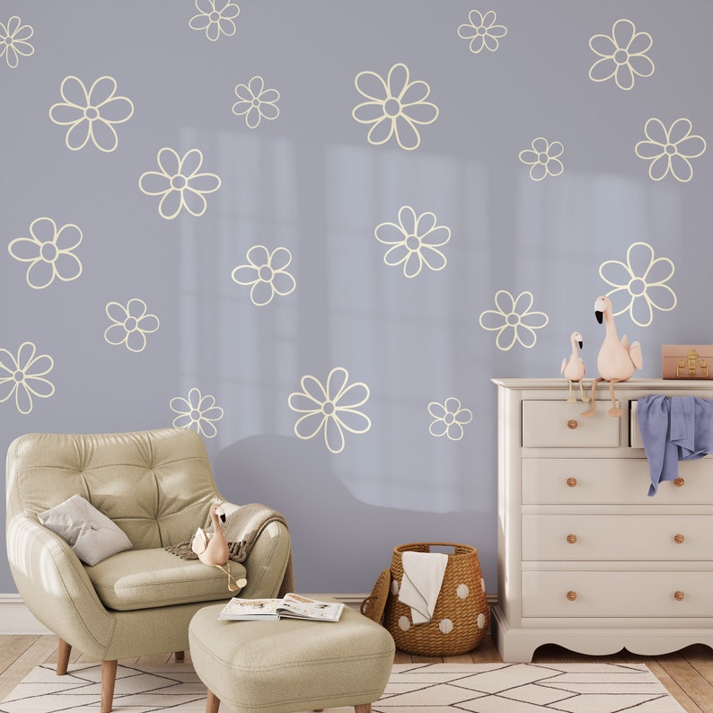 Retro Daisy Nursery Wall Decals, Boho Playroom Decor for Girls, also great for dorms and classrooms, Includes 20 Daisy Wall Decals WB041 image 6