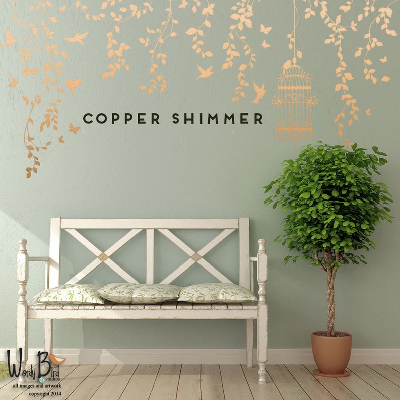 Hanging Vines Floral Wall Decals Set With Birdcage Birds Etsy