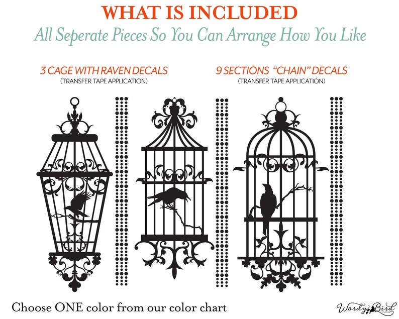 Gothic Home Decor, Goth Wall Decals, Vintage Style Birdcages with Ravens, Dark Nursery Design for the Goth Baby, Edgar Allen Poe WB703 image 6