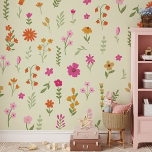 Stickers muraux fleurs sauvages, décoration de chambre d'enfant, art mural floral aquarelle, sticker mural marguerite, stickers muraux fleurs réutilisables et amovibles WB077 image 8