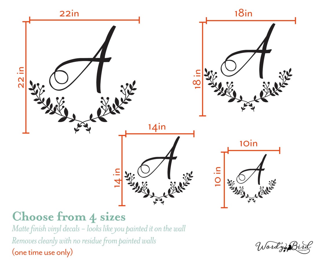 Single Letter Wall Decal Monogram with Laurel Wreath Great Etsy