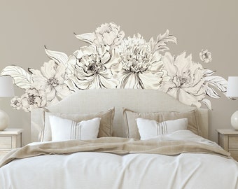 Vintage Hand Drawn Style Floral Wall Decals, Black and White Neutral Floral Wall Mural, Peel and Stick Wall Stickers, Monochromatic  - WB073