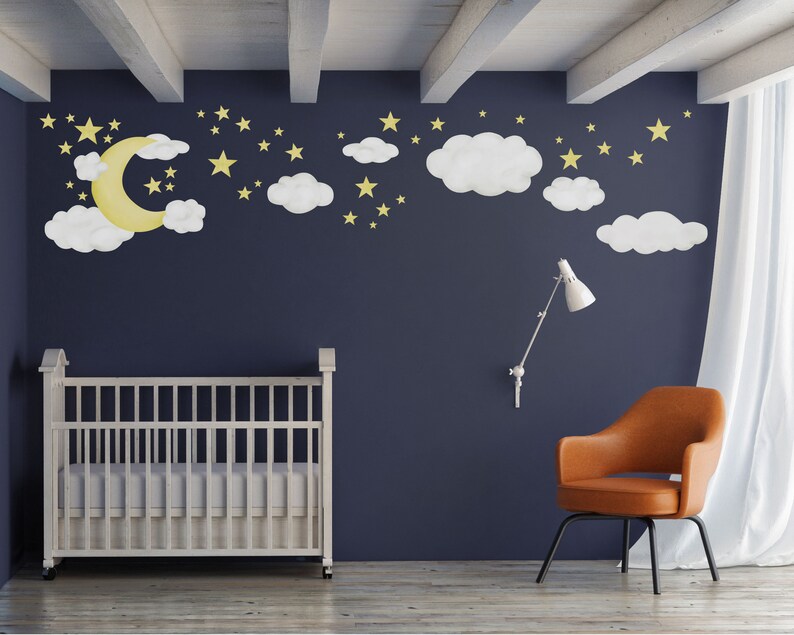 Moon Clouds & Stars Nursery Wall Decal Night Sky Reusable Etsy