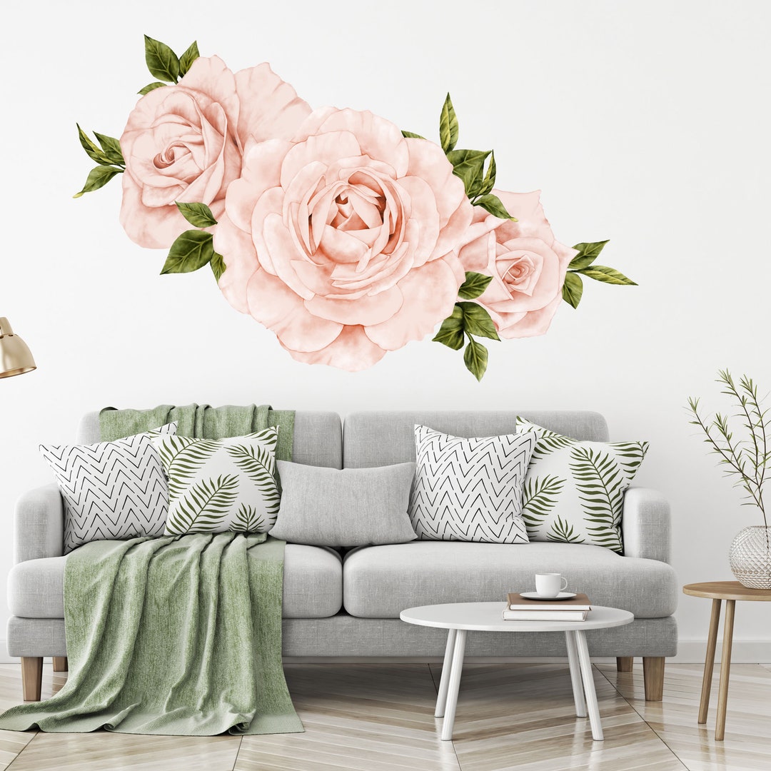 Pink Roses Floral Wall Decals for Nursery, Removable Flower Wall Decal ...