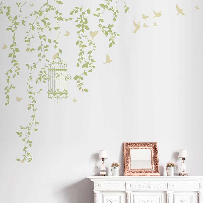 Hanging Vines Floral Wall Decals set with Birdcage Birds Etsy