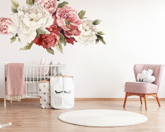 Pink White Peony Flowers Wall Stickers Wall Floral Decal Mural Home Decorat IH