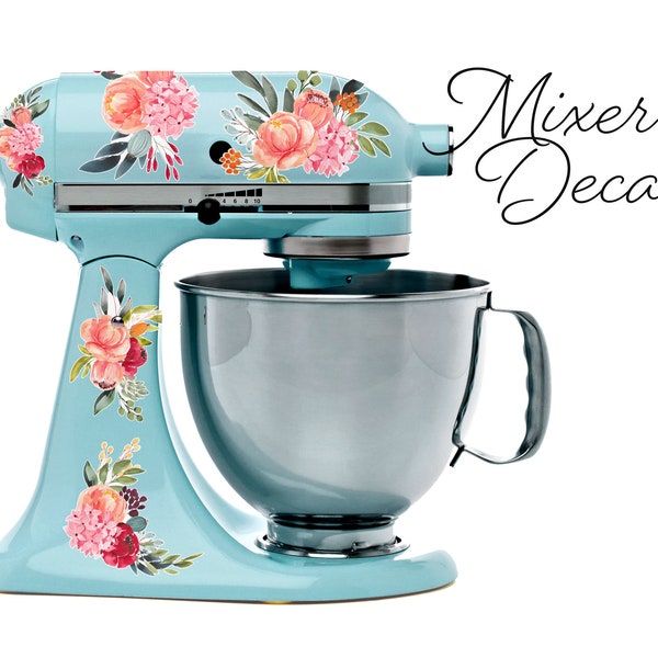 Coral & Red Watercolor Floral Stand Mixer Decal set, fits KitchenAid or other Kitchen mixer brands, incl. 6 small floral stickers - WBMIX002