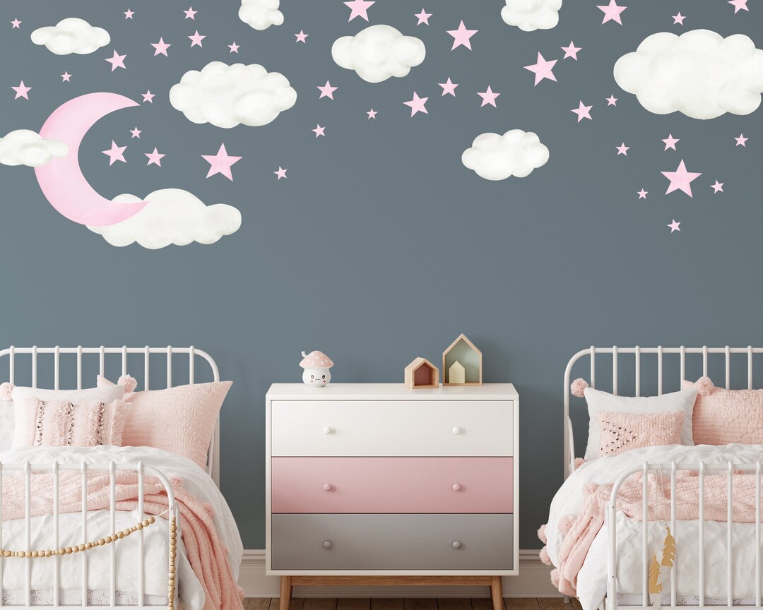 Moon Clouds & Stars Nursery Wall Decal, Night Sky Reusable Fabric Wall ...