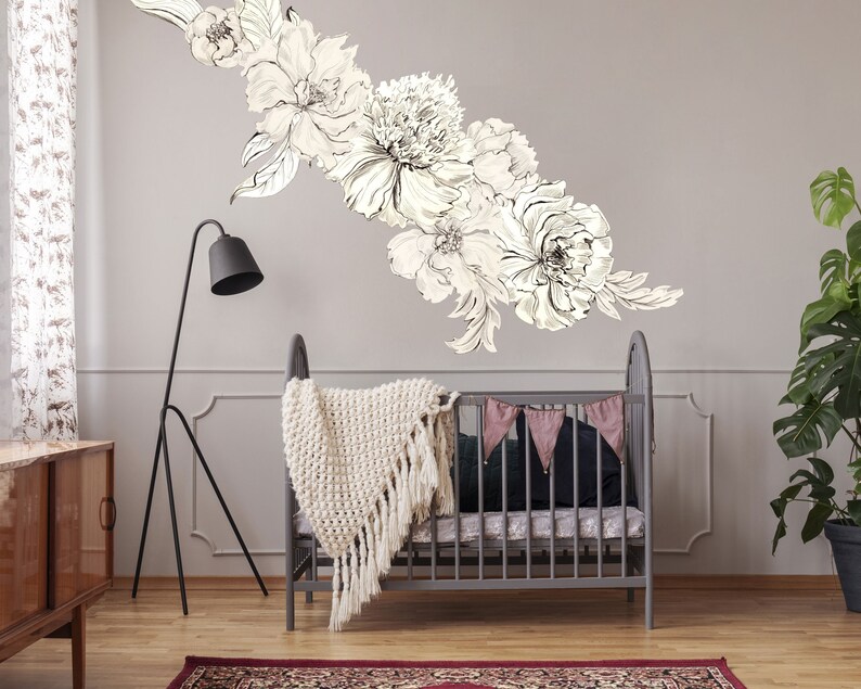 Black and White Floral Wall Decals Vintage Monochrome Sketch Etsy