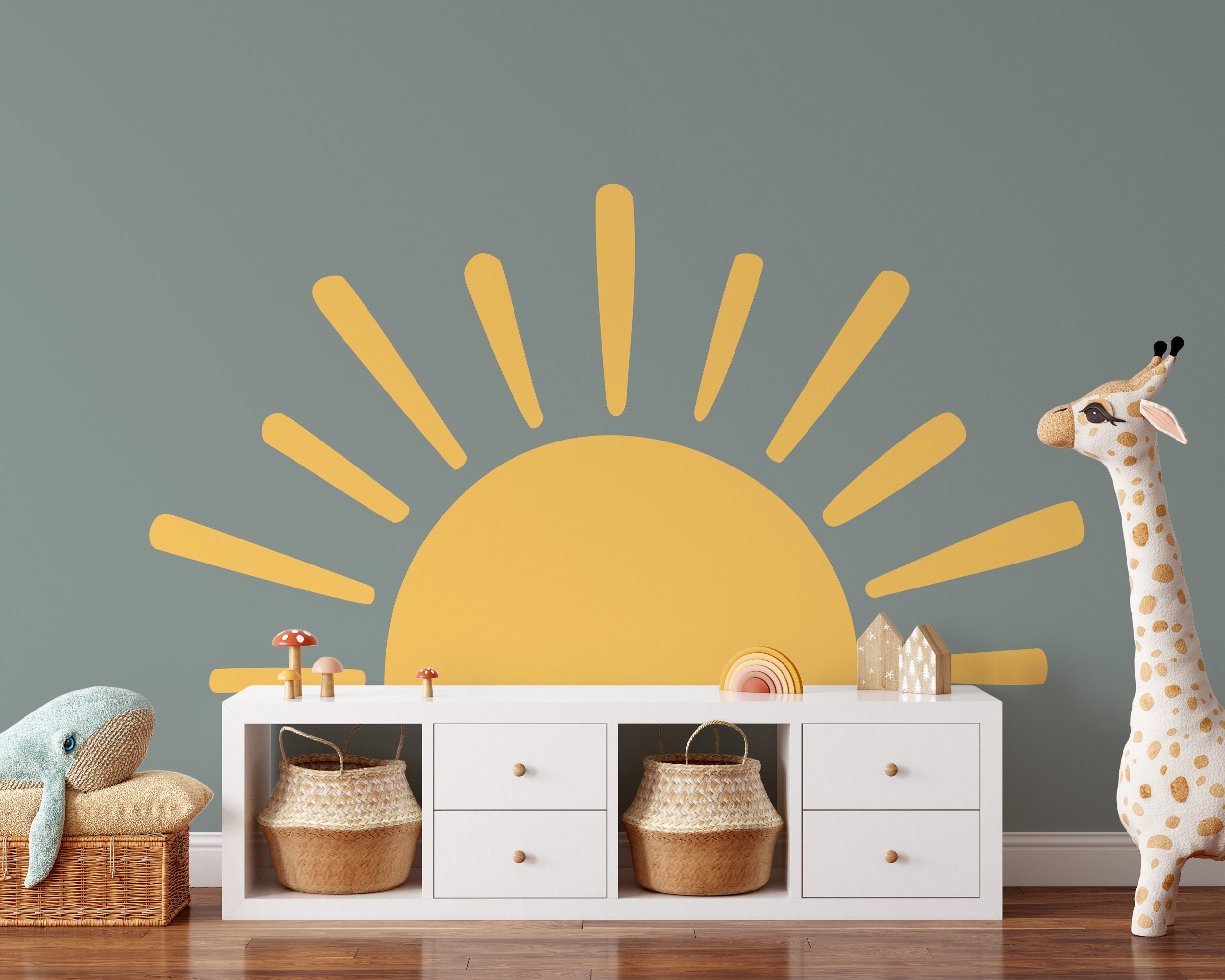 41.7" X 39.8" Watercolor Boho Sun Wall Decals Peel And Stick, PVC Sunrise Wall Stickers, Yellow Sunshine Wall Art Decor For Kids Room Playroom Nursery Bedroom