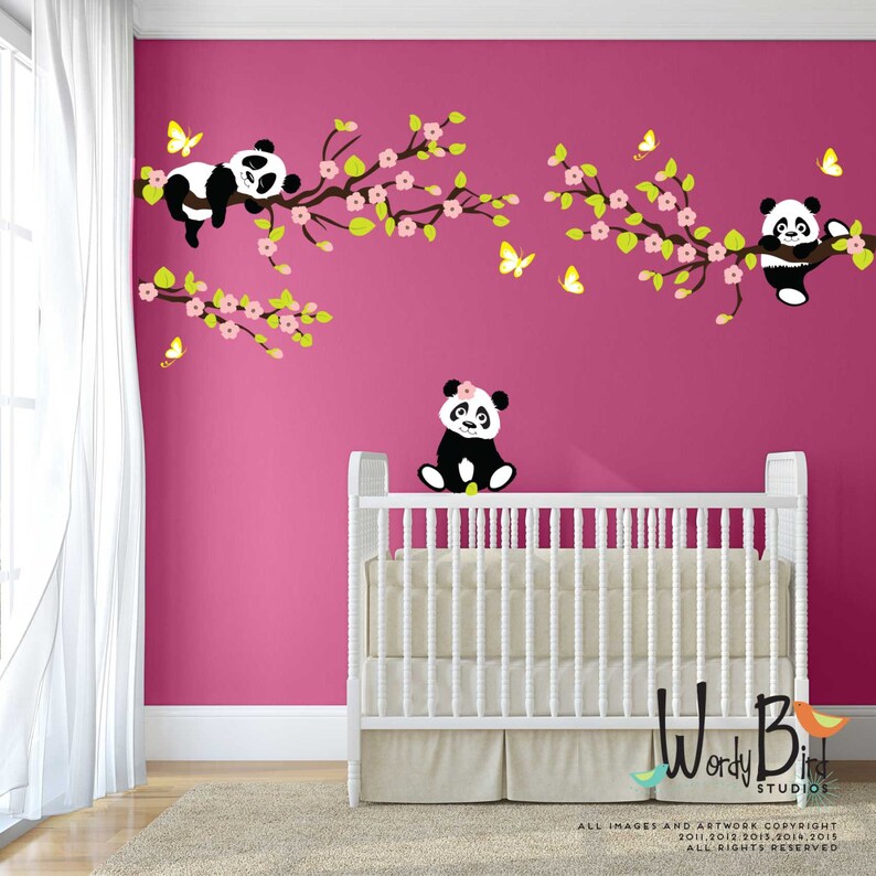 Panda Wall Decals, Tree wall decals with Cherry Blossom Branches and Butterflies, reusable kids wall decals, nursery decals WB552 image 3