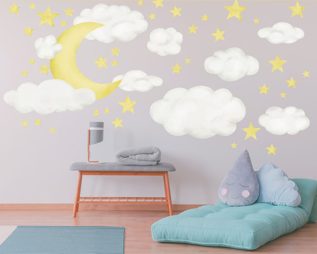 Moon Clouds & Stars Nursery Wall Decal, Night Sky Reusable Fabric Wall ...