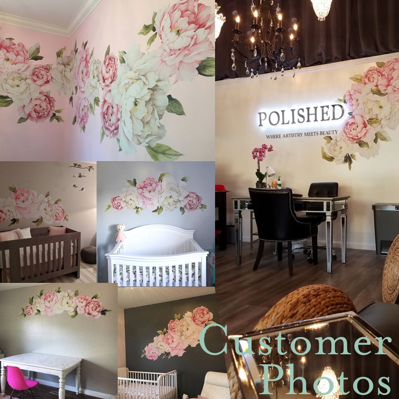 Soft Pink Peony Wall Decal Set made from removable wallpaper material, Flower Wall decals for Nursery Decor, housewarming gift idea WB419 image 8