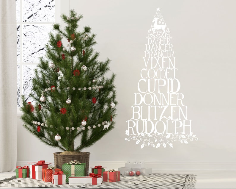 Reindeer names vinyl wall decal, Christmas tree wall decal with holly leaves and Rudolph WB726 image 3