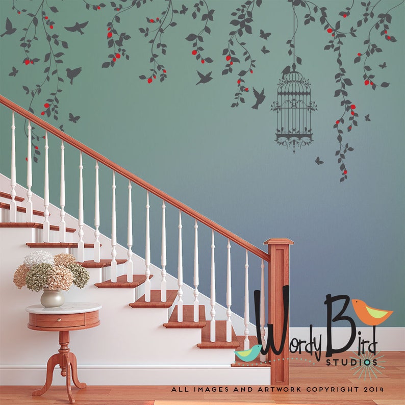 Hanging Vines Floral Wall Decals set with Birdcage Birds Etsy