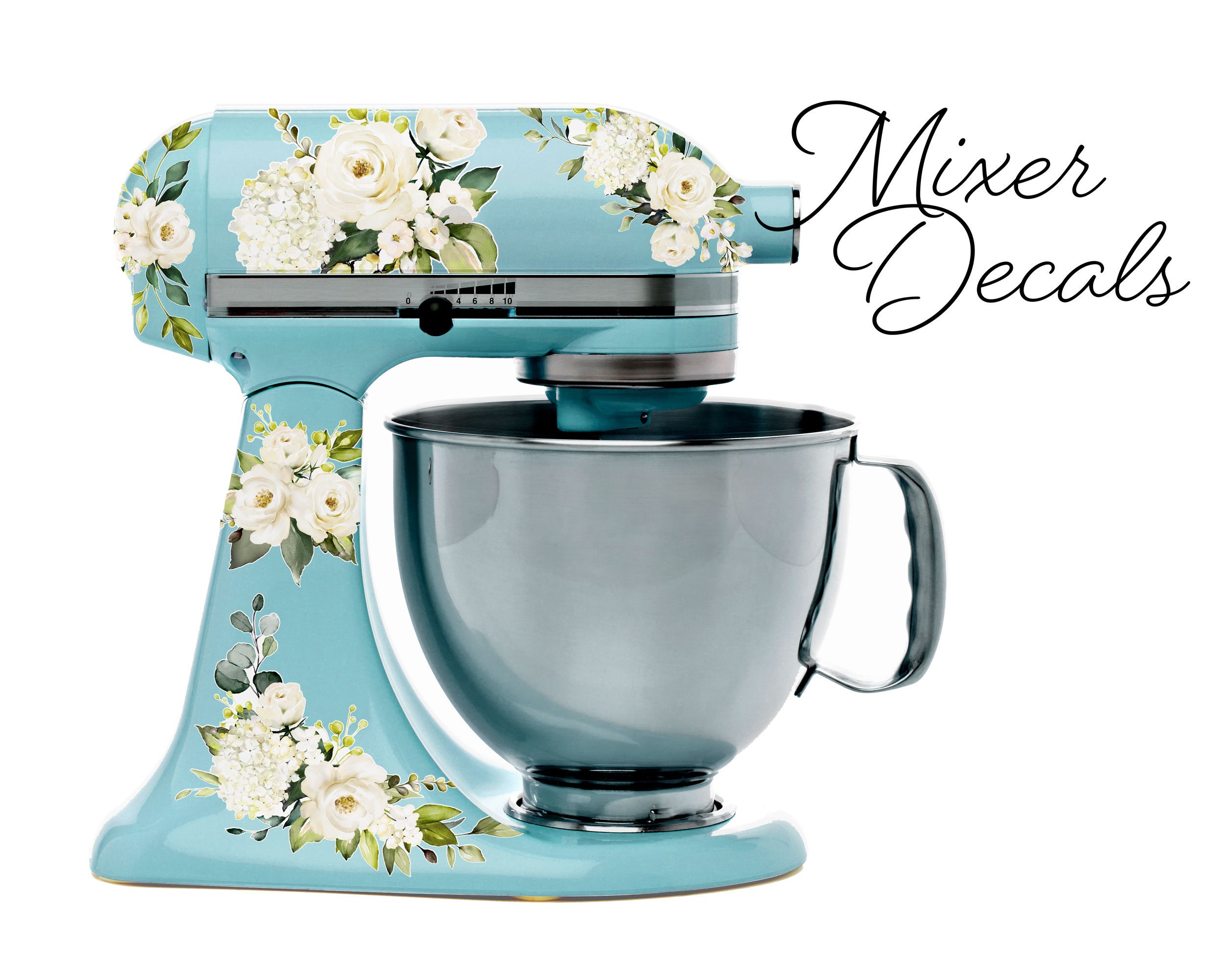 White Watercolor Roses Stand Mixer Decal Set, Fits Kitchenaid or