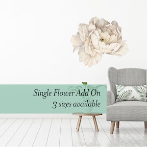 Single White Peony wall decal flower. Made from removeable wallpaper material.  Great add on to our larger floral wall decal sets - WB1632C