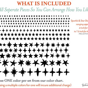 May include: A set of 288 black sparkle and star-shaped decals ranging in size from 1.25 cm to 5 cm. The decals are peel and stick.