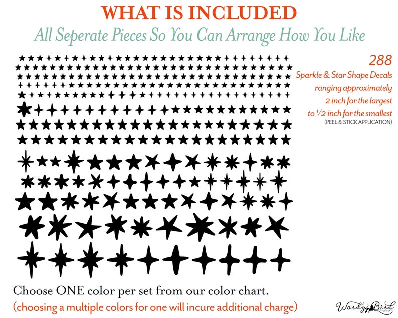 May include: A set of 288 black sparkle and star-shaped decals ranging in size from 1.25 cm to 5 cm. The decals are peel and stick.