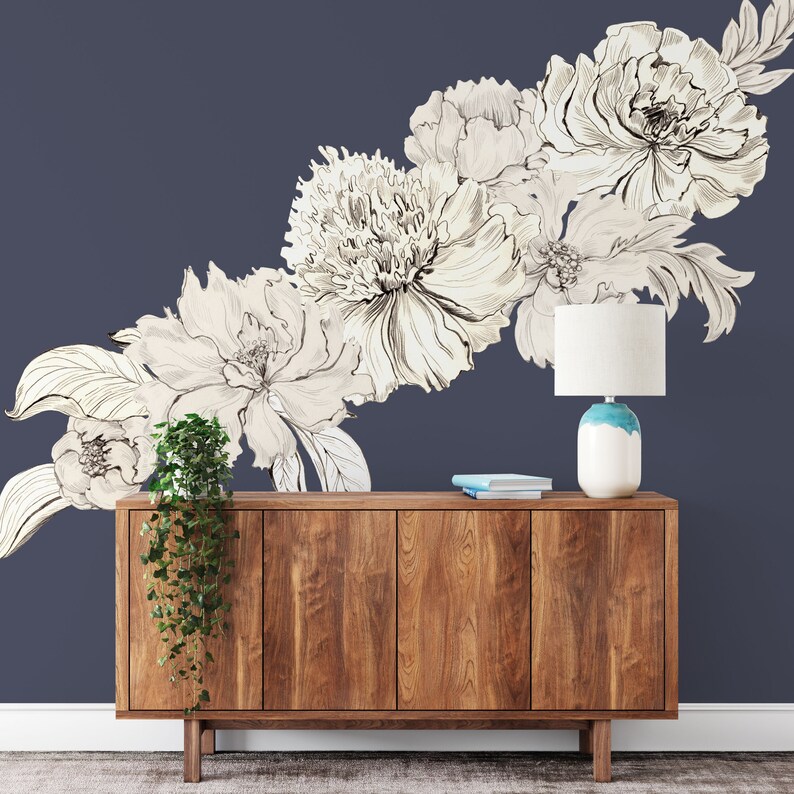 Black and White Floral Wall Decals Vintage Monochrome Sketch Etsy