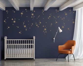 Calcomanías de pared de vinilo Sparkly Starburst, moderno de mediados de siglo, estilo de la era atómica de la década de 1950, destellos de oro kitsch, decoración de vivero de cielo estrellado - WB1615