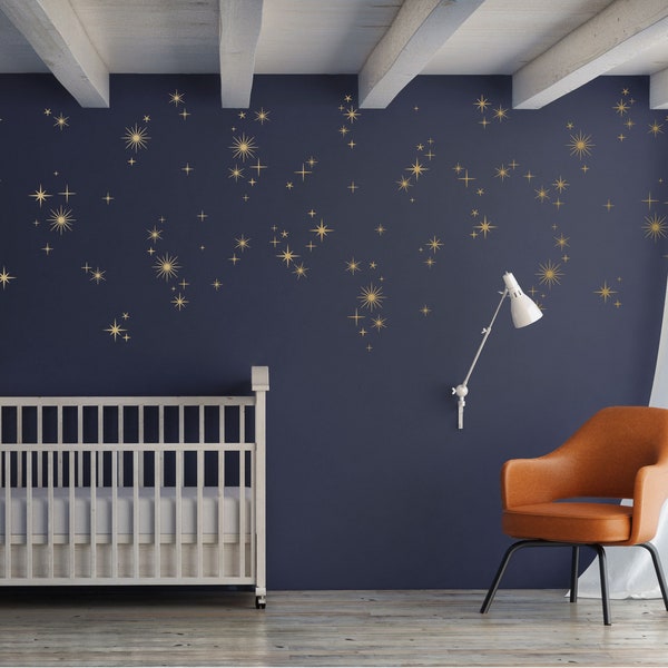Sparkly Starburst Vinyl Wall Decals, Mid Century Modern, 1950s Atomic Age Style, Kitsch Gold Sparkles, Starry Sky Nursery Decor - WB1615