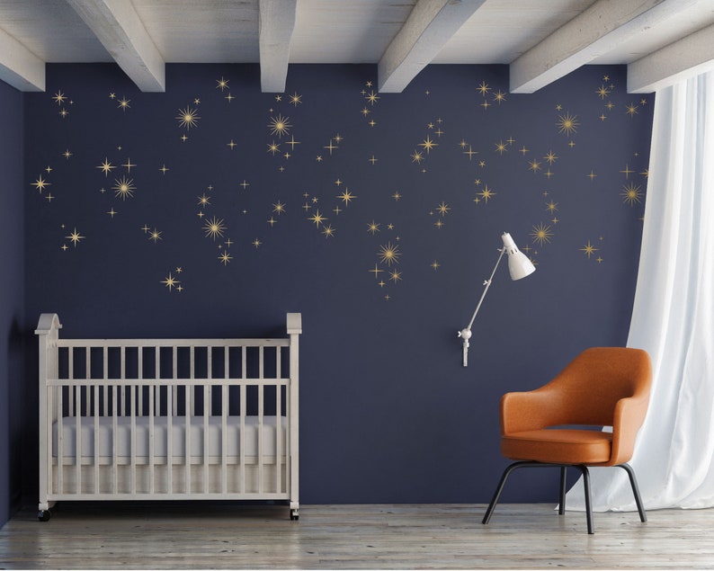 Sparkly Starburst Vinyl Wall Decals, Mid Century Modern, 1950s Atomic Age Style, Kitsch Gold Sparkles, Starry Sky Nursery Decor - WB1615 