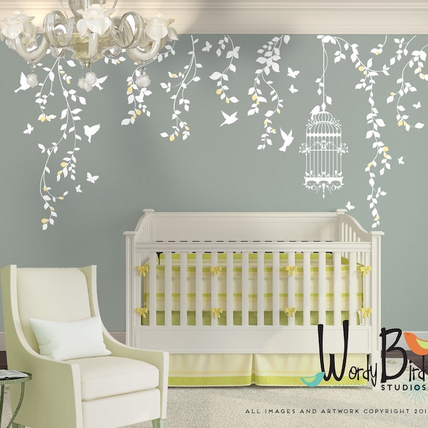 Hanging Vines Floral Wall Decals set with Birdcage, Birds, Butterflies and flower buds - for Girl Nursery Decor - WB701