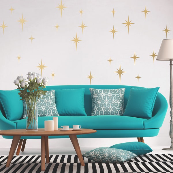 Retro Starburst Vinyl Wall Decals, Mid Century Modern, 1950s Atomic Age Style, Kitsch Gold Sparkles, Vintage Bathroom Decor - WB719