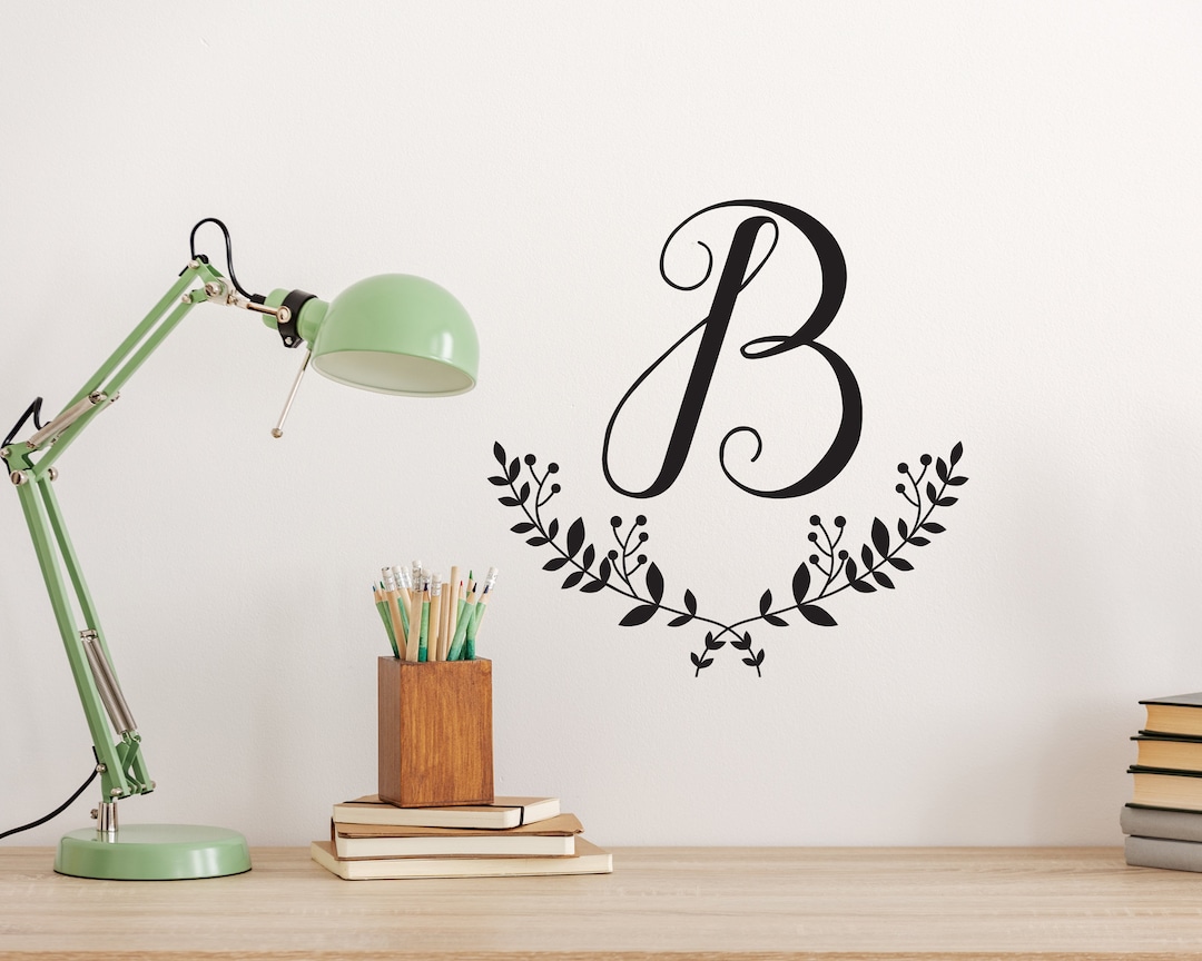 Single Letter Wall Decal Monogram With Laurel Wreath, Great for Nursery