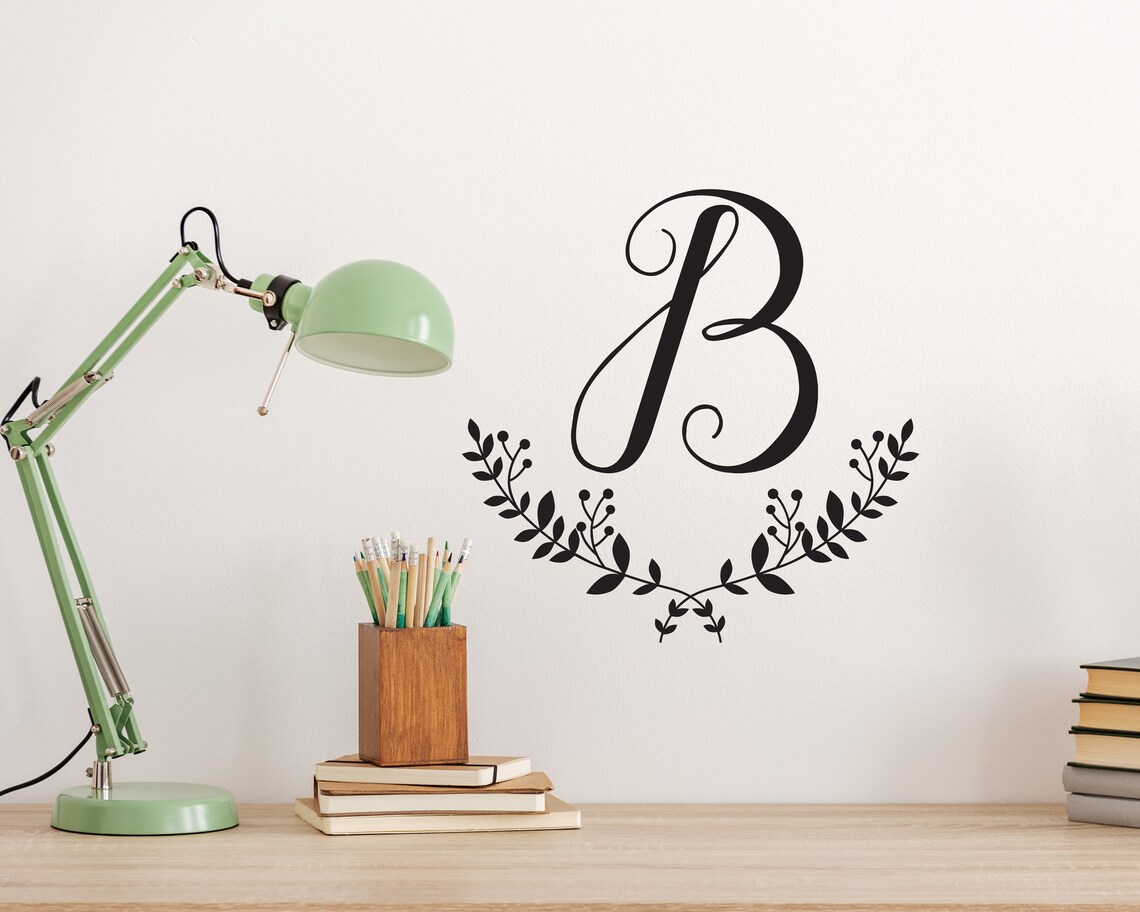 Single Letter Wall Decal Monogram with Laurel Wreath Great Etsy