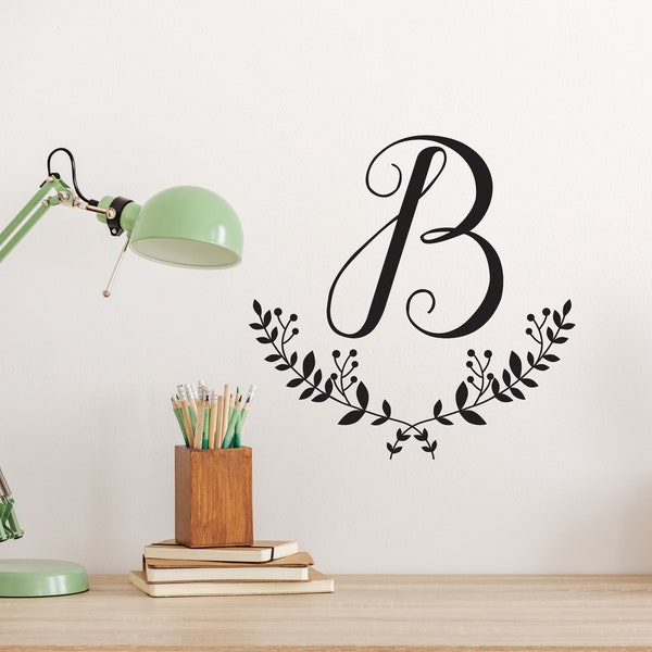 Single Letter Wall Decal Monogram with Laurel Wreath, Great for Nursery Decor or Front Door, Wedding Gift Idea, Vinyl Wall Sticker - WB1701