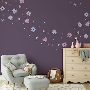Daisy Flower and Dots Wall Decals for Kids Bedroom, Floral Decor for Nursery or Playroom, Reusable Peel and Stick Fabric Wall Decal - WB074