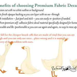May include: Three white fabric decals of geese, each in a different pose. The decals are precision cut with no white outline or background. The text "Wordy Bird Studios" is in the bottom right corner of the image.